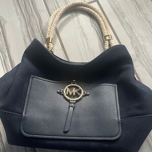 Michael Kors Navy Tote with Cream Rope Handles and Gold MK Emblem